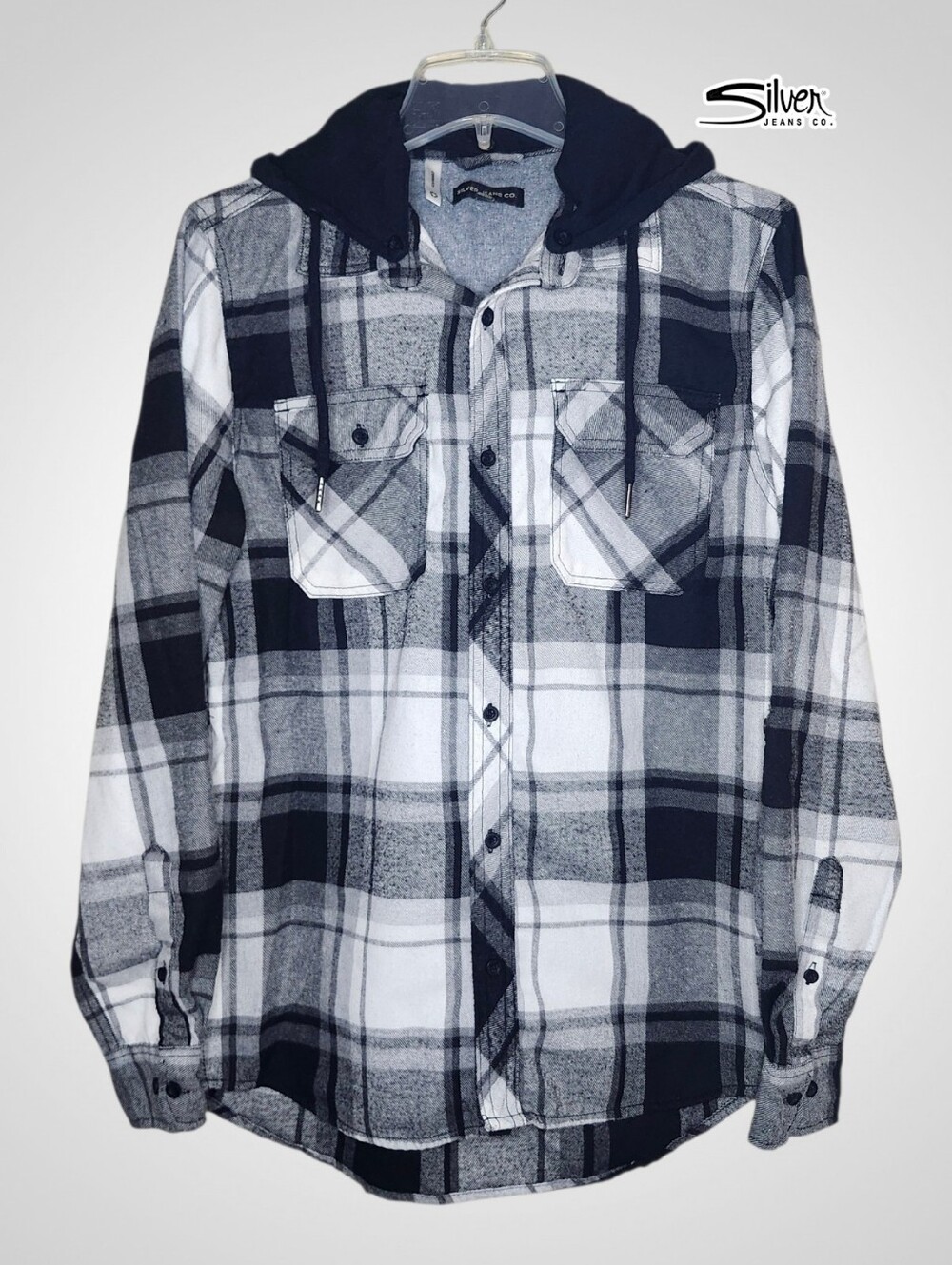 SILVER JEANS Black and White Plaid Hooded Flannel Shirt - Small
